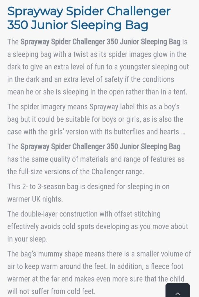 £10 Sprayway Spider Challenger 350 Junior Sleeping Bag