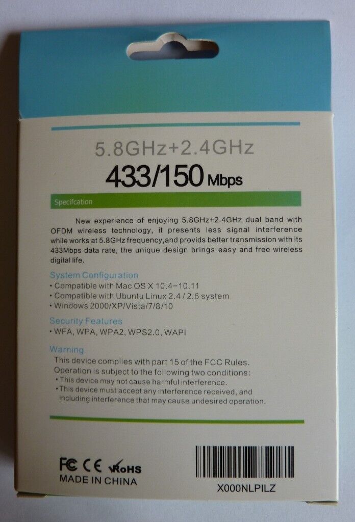 Brand New Unused. Foktech Nano Wi-Fi Adapter. 802.11ac Dual Band 2.4 / 5 GHz. USB 