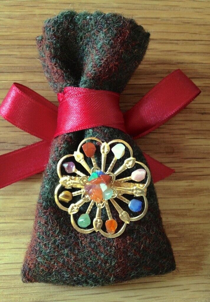 image for VINTAGE BROOCH WITH PASTEL STONES. Eco friendly present in handmade Harris Tweed pouch