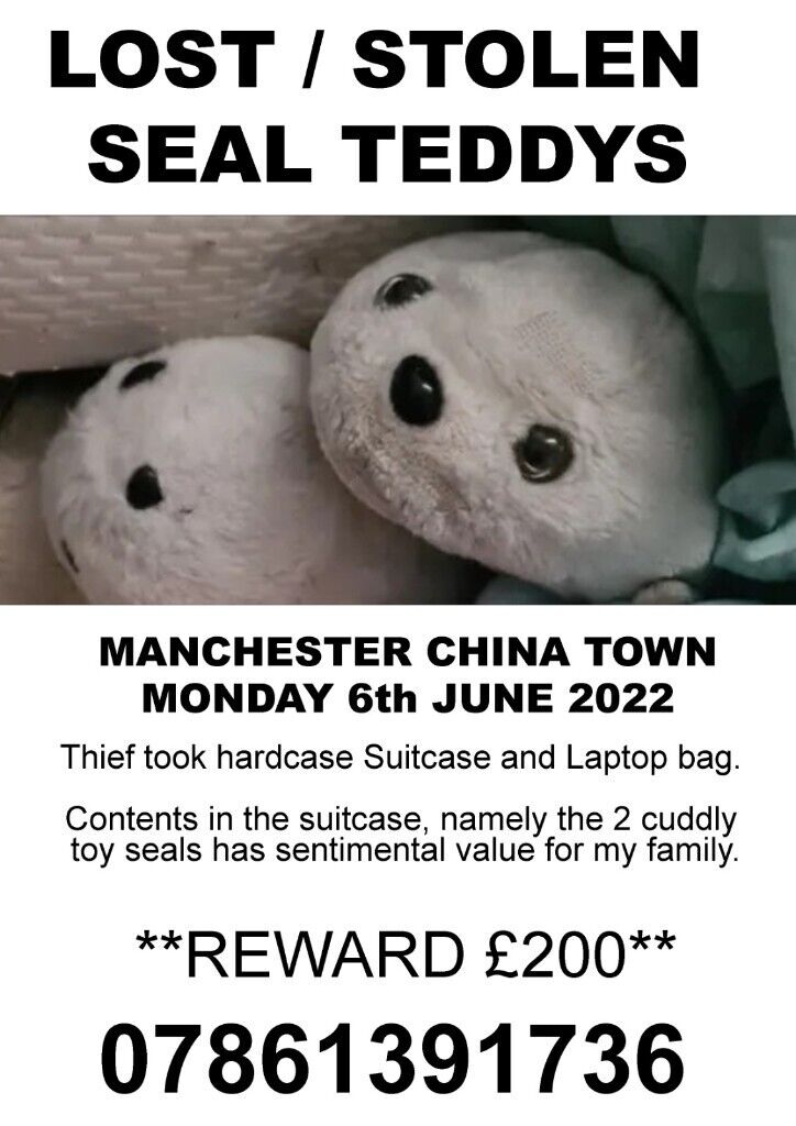 £250 REWARD Lost/Stolen Seal Teddys
