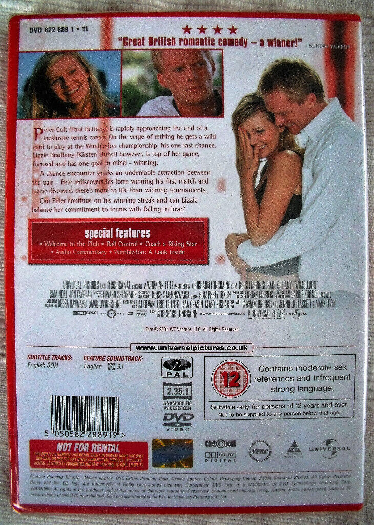 Unused & sealed in cellophane packaging WIMBLEDON DVD - Kirsten Dunst & Paul Bettany. Can post. 