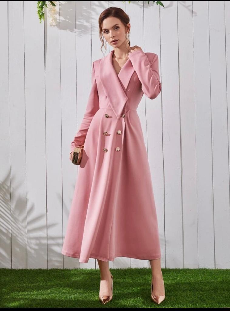 Shawl Neck Double Breasted Blazer Dress Pink Long Dress Abaya Modest Gift For wife mother