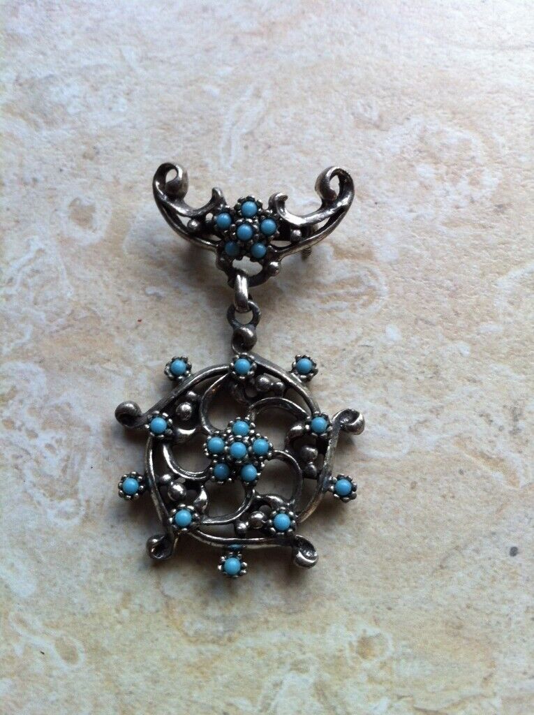 image for Vintage, Silver effect brooch with Turquoise Blue stones