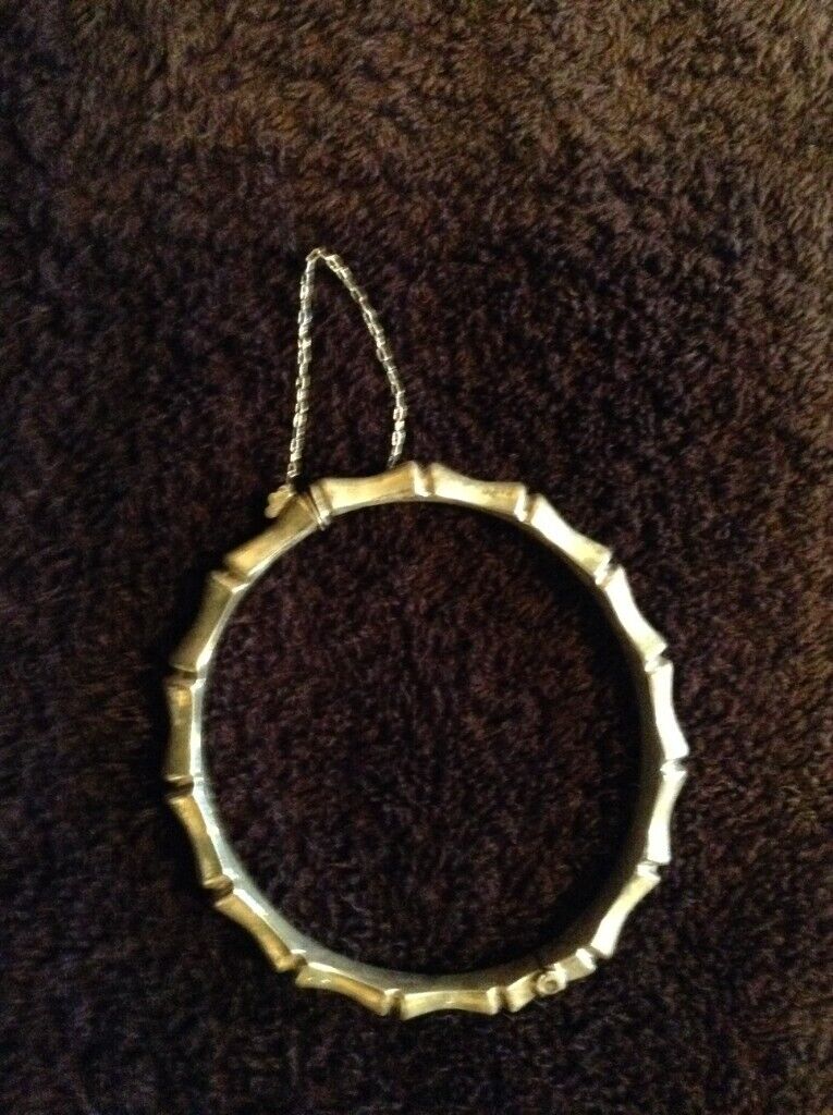 image for Bangle,silver ‘bamboo‘ style wrist bangle with safety chain, adult size.