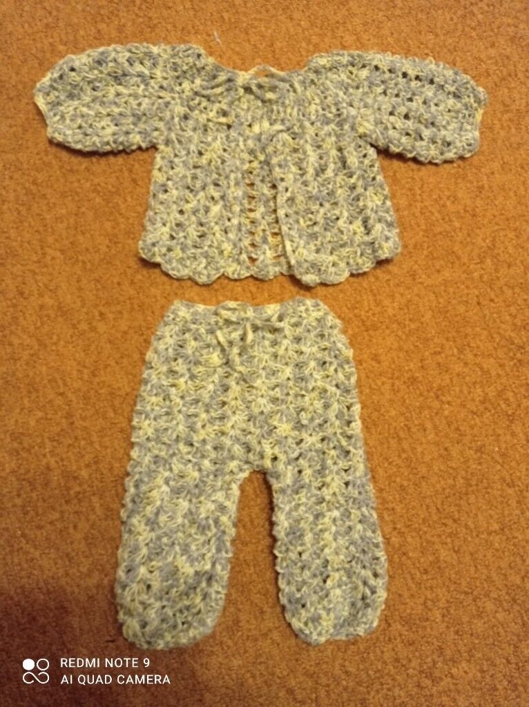 hand crocheted baby boy winter set 0-3 mths new grey/cream mixture