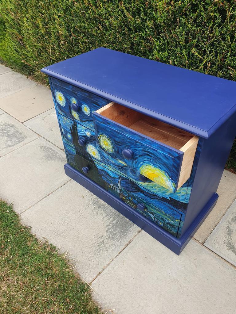 Solid pine wood, Handpainted Chest of drawers. Hand painted in the style of Vincent Van Gogh