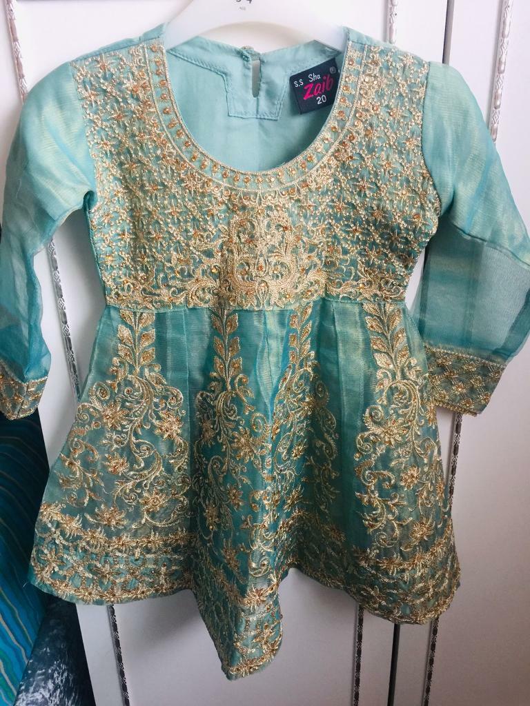 Girls Ferozi And Gold Salwar Suit With Dupatta Size 20 Brand News