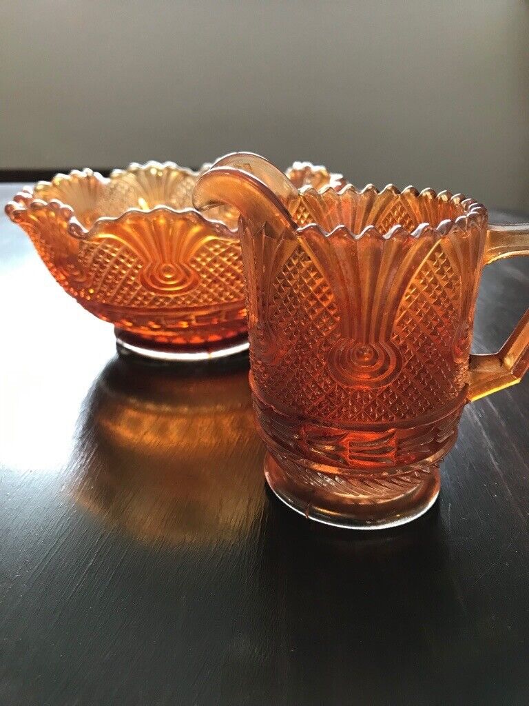 image for Vintage Depression Iridescent Orange Pedestal Bowl and Jug
