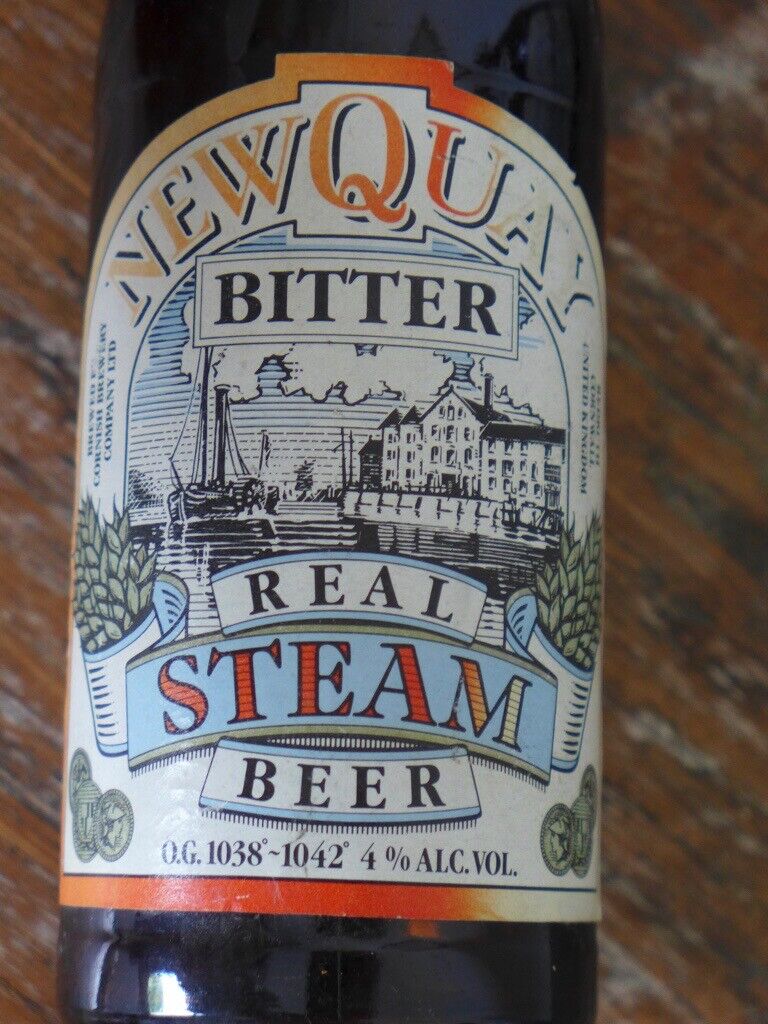 Two 1980s vintage empty NEWQUAY BITTER REAL STEAM BEER Flip-Top Bottles,. £15 for the two.