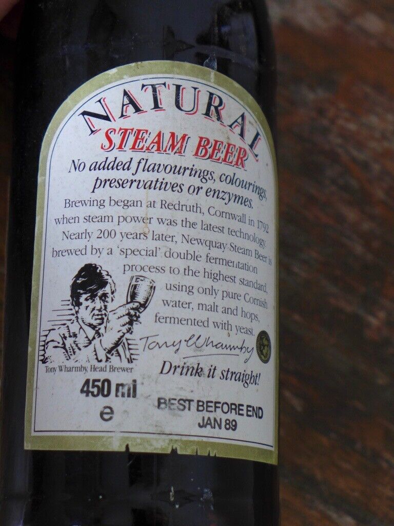 Two 1980s vintage empty NEWQUAY BITTER REAL STEAM BEER Flip-Top Bottles,. £15 for the two.