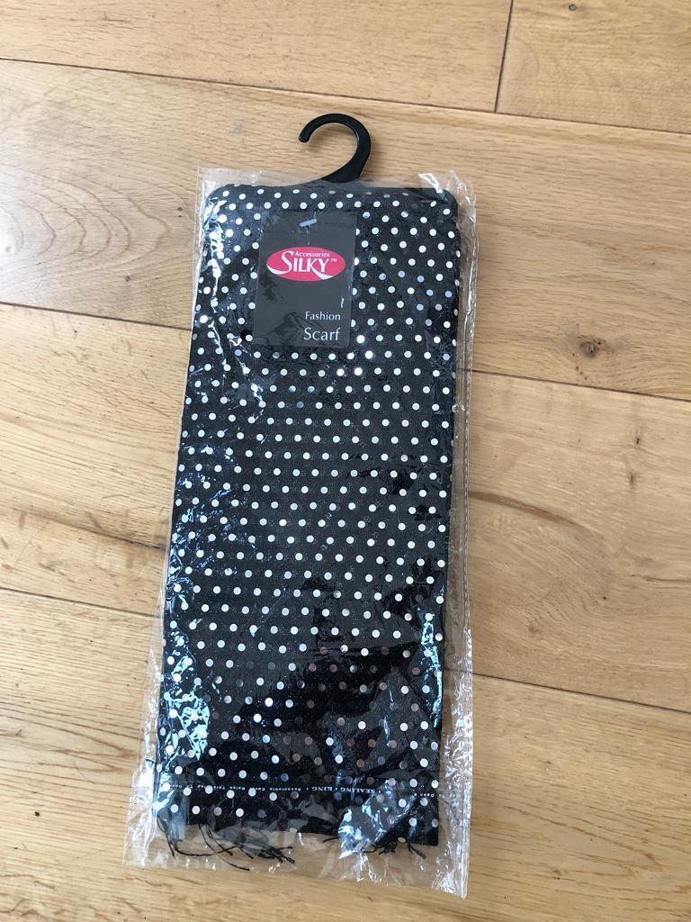 New scarf with tags in packet - Fashion scarf black and silver. Fringe