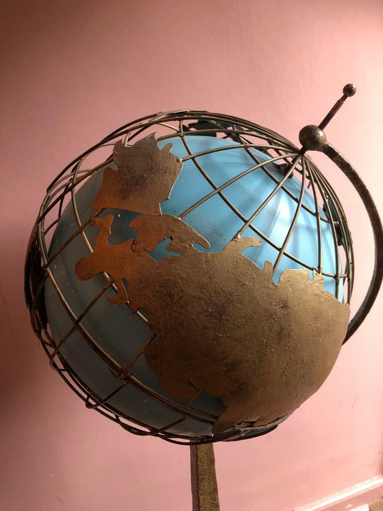 Antique Metal Globe on Slender Metallic Pedestal - 135cm - World Class