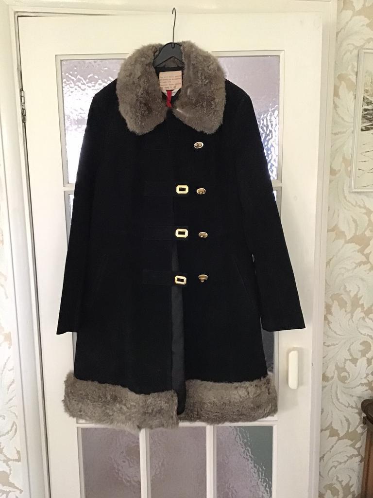 image for AS NEW BLACK SUEDE COAT WITH FUR TRIMMED COLLAR & HEM