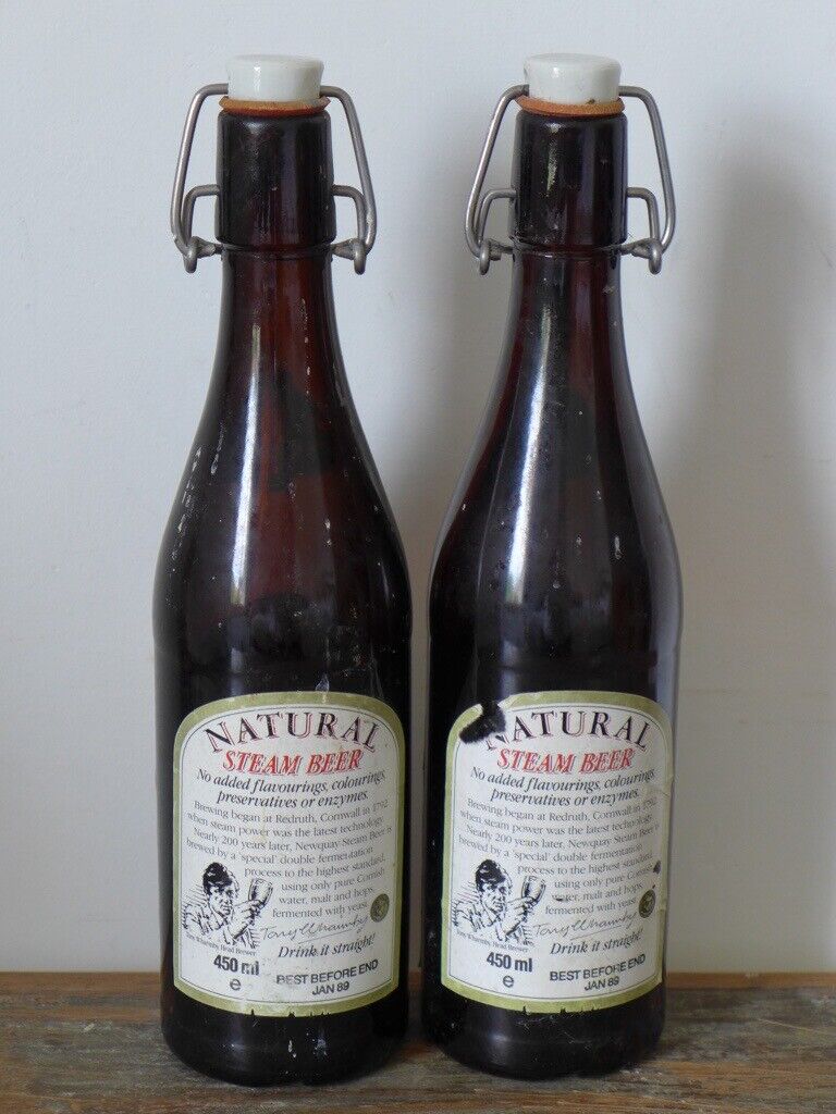 Two 1980s vintage empty NEWQUAY BITTER REAL STEAM BEER Flip-Top Bottles,. £15 for the two.