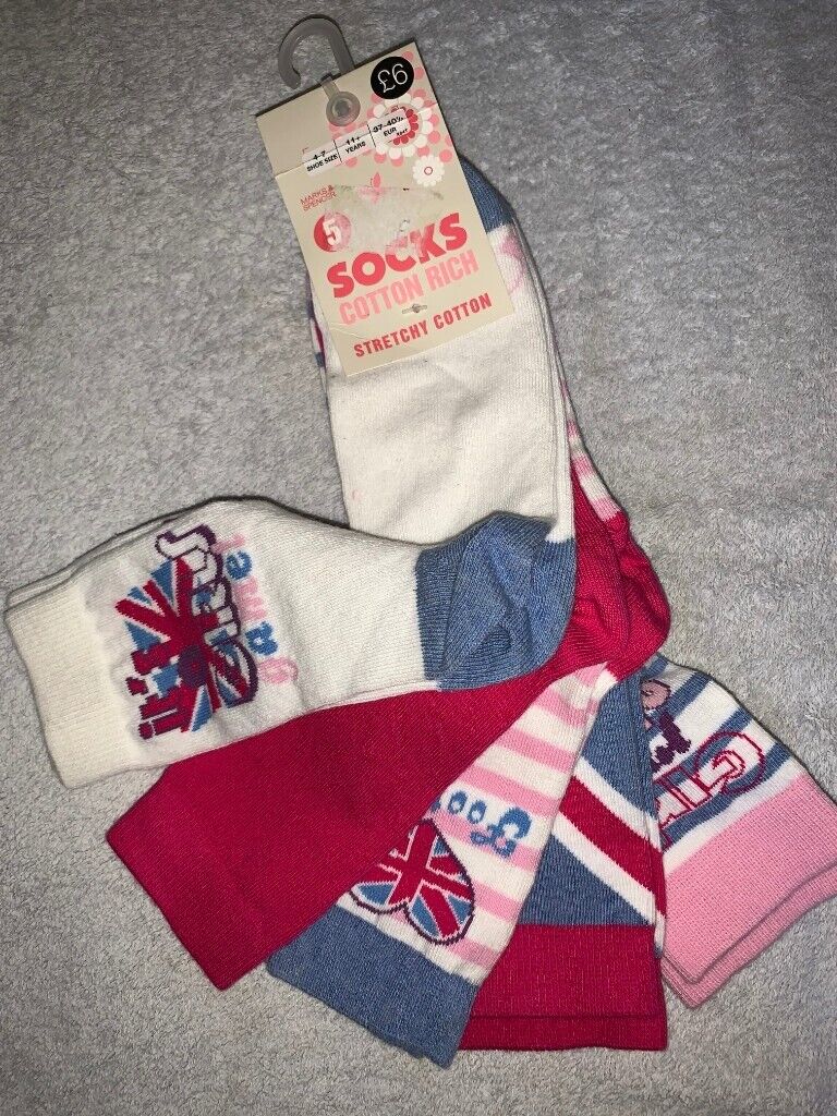 image for New M&S 5 Pack Girls Football Socks Size 4-7 Age 11+ Years IP1