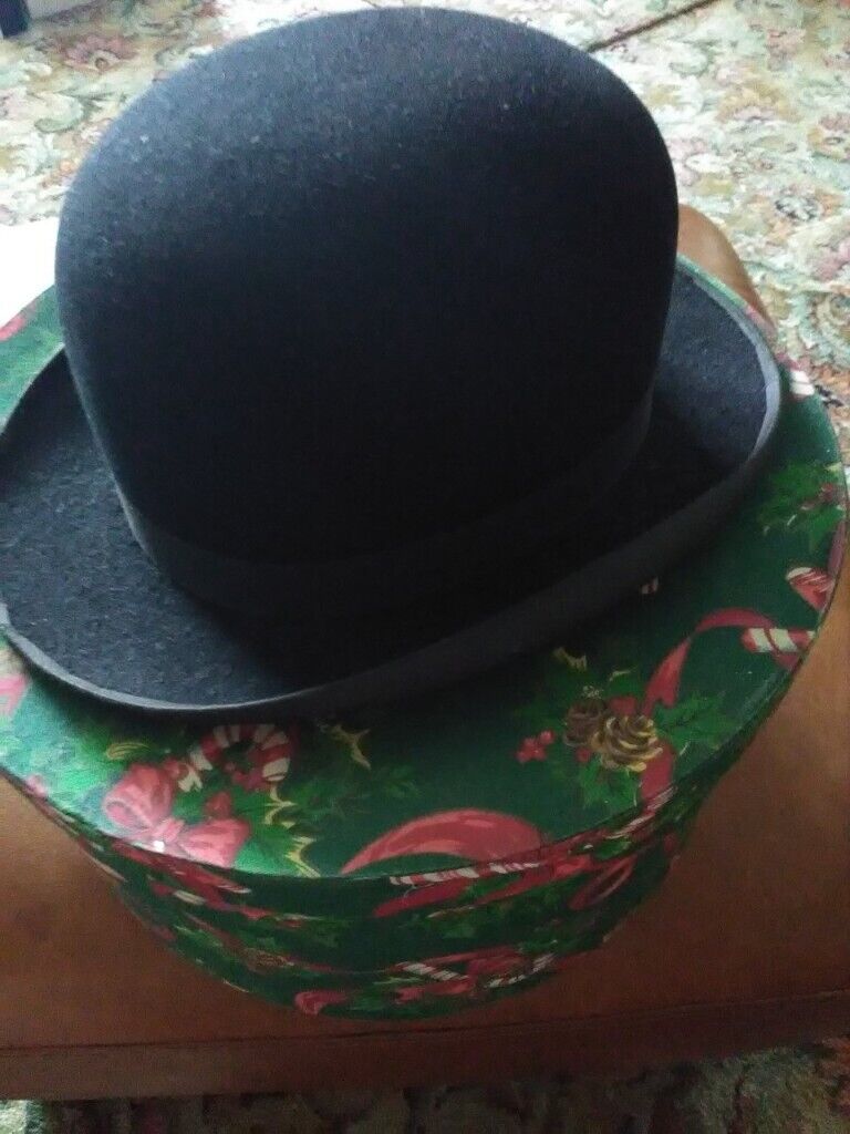 Top and Bowler Hats Vintage with vintage tin hat box (grouped)