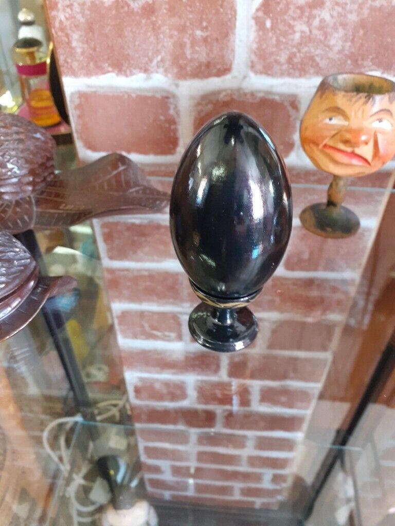 Vintage hand painted wooden egg with stand. Lacquered.