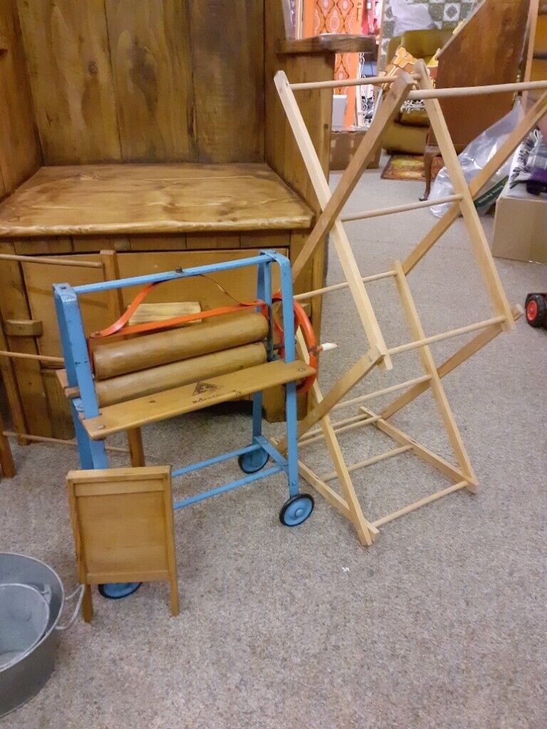 Vintage child's laundry set. 9 child's items including Tri-ang mangle