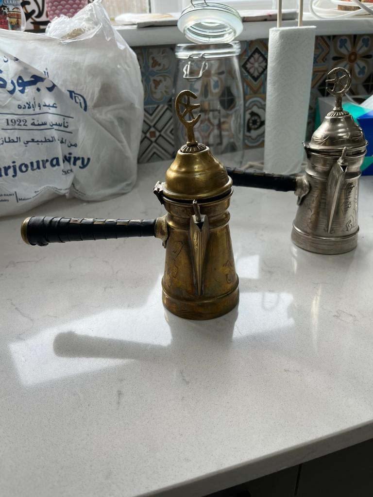 Authentic hand made Antique Turkish Coffee brass pots