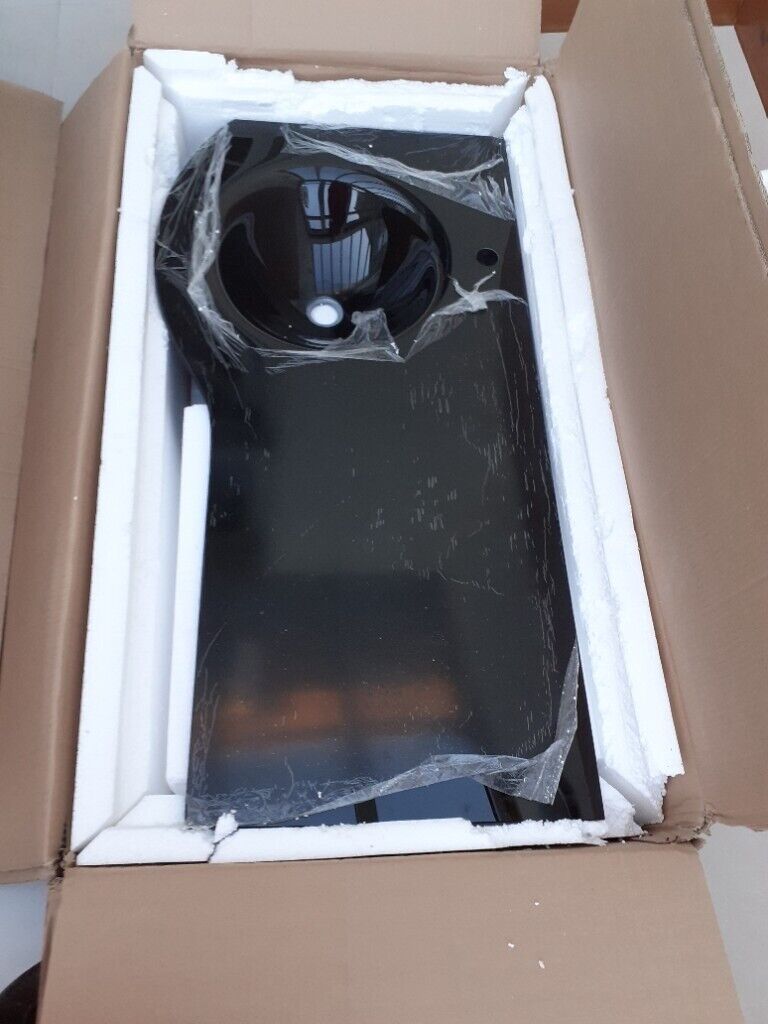 2 x NEW UNUSED Designer  Black P Shaped Glass Basins WILL SELL SEPARATELY