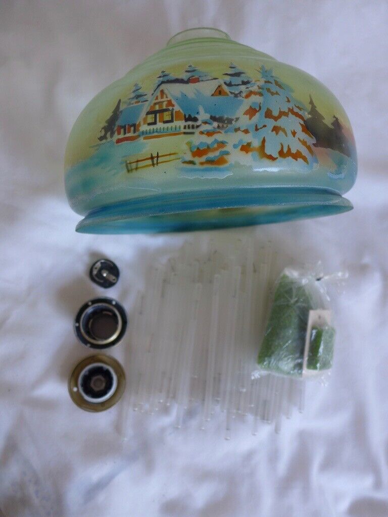 Vintage antique hand-painted glass lampshade lamp shade light shade with glass tube fringing.