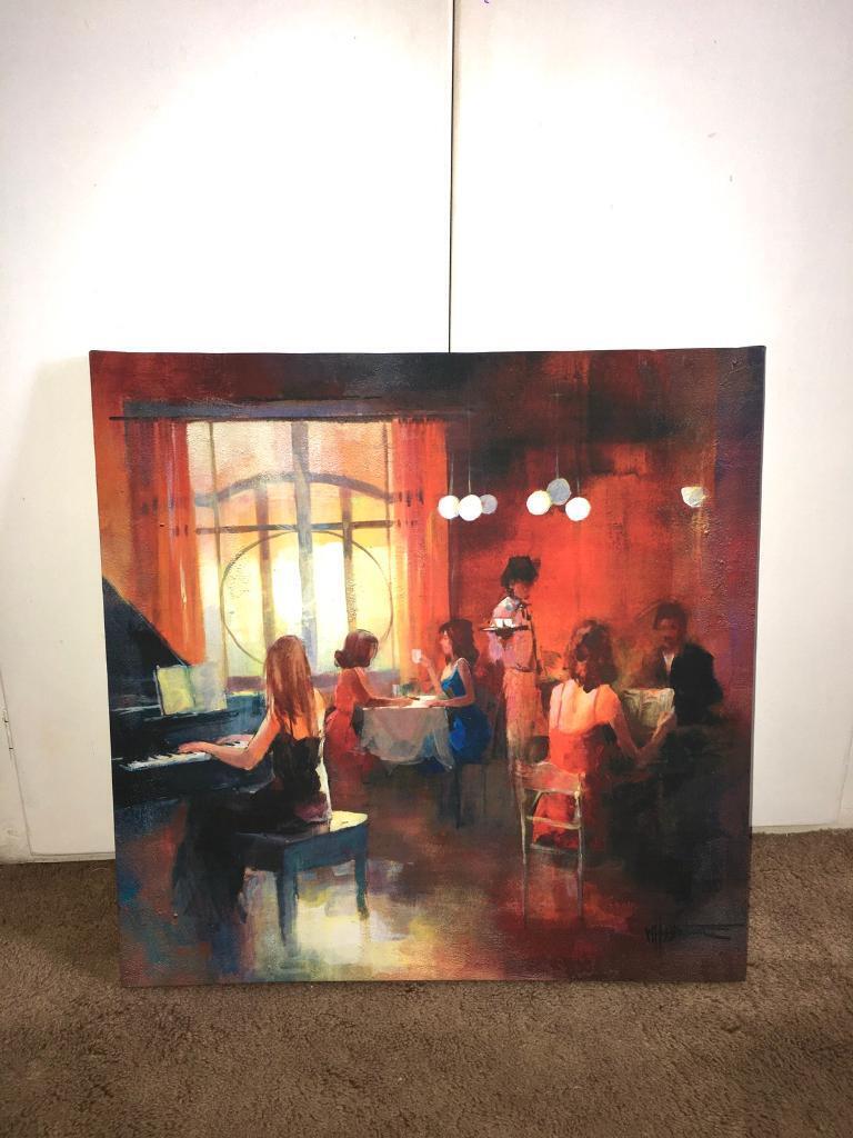 image for Medium coloured canvas 19.6”x19.6”- lady playing piano in restaurant 