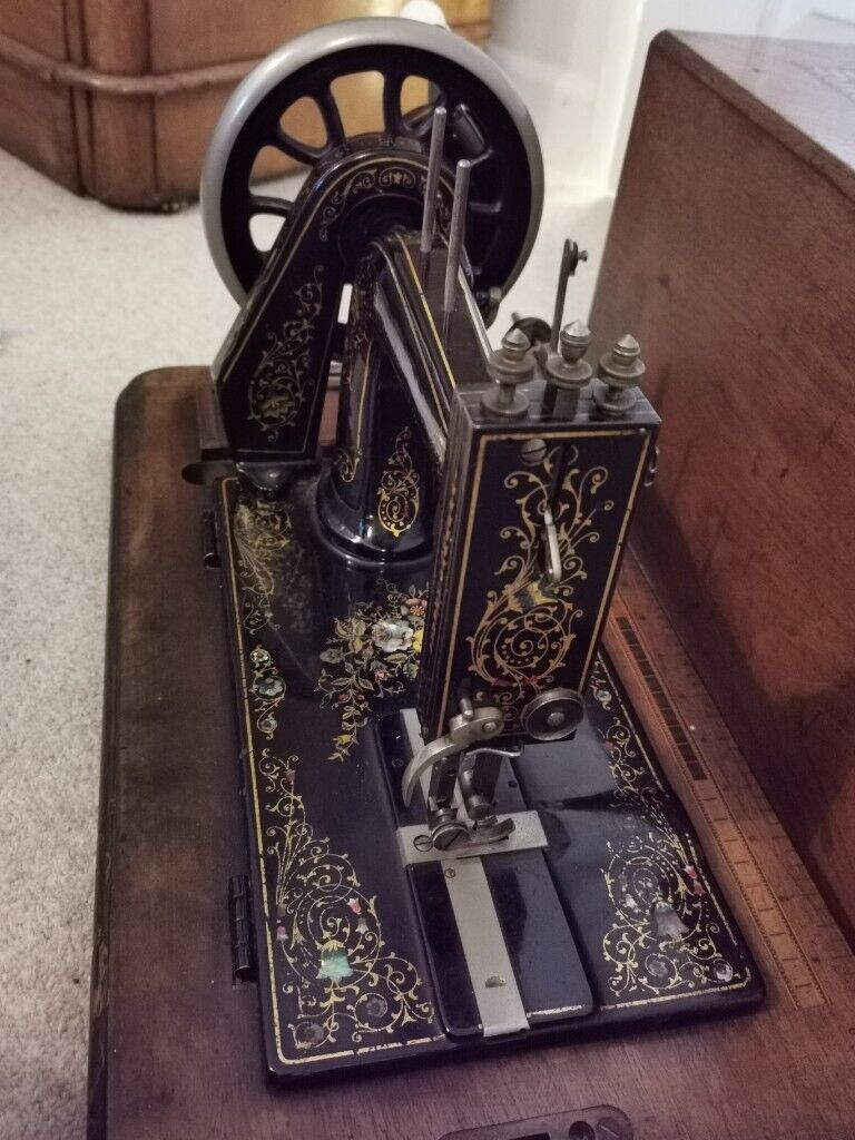 Stunning & Rare ANTIQUE BIESOLT & LOCKE MEISSEN Sewing Machine with Inlay Mother of Pearl Base