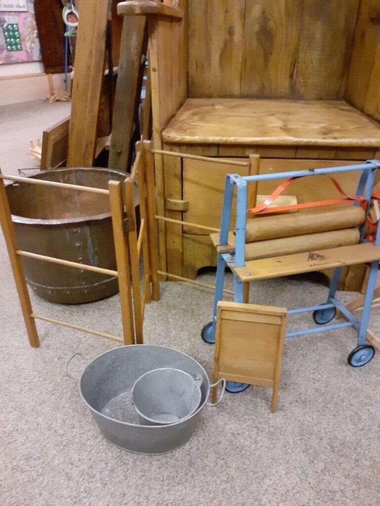 Vintage child's laundry set. 9 child's items including Tri-ang mangle