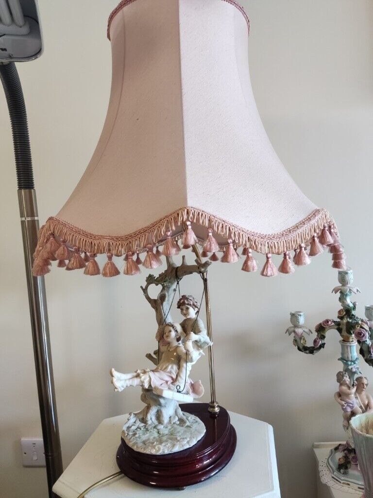 Capo di monte table lamp and pink fringed silk shade