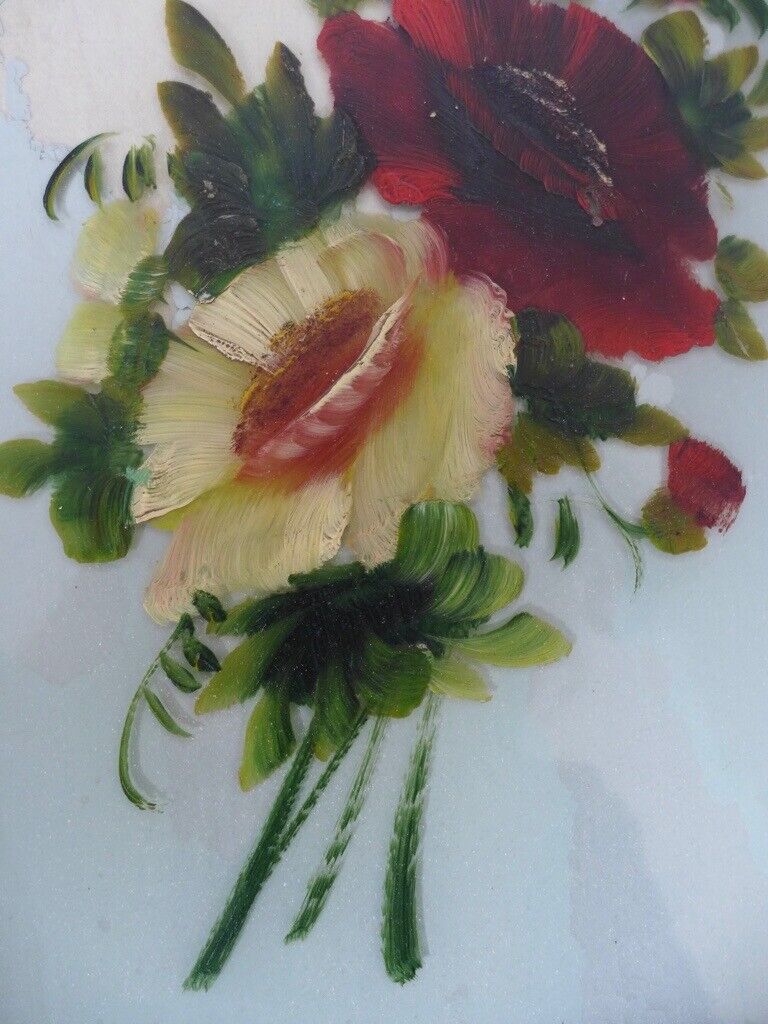 Collectable framed artwork: Pair of VICTORIAN ANTIQUE FLORAL OIL PAINTINGS ON GLASS. Two for £95