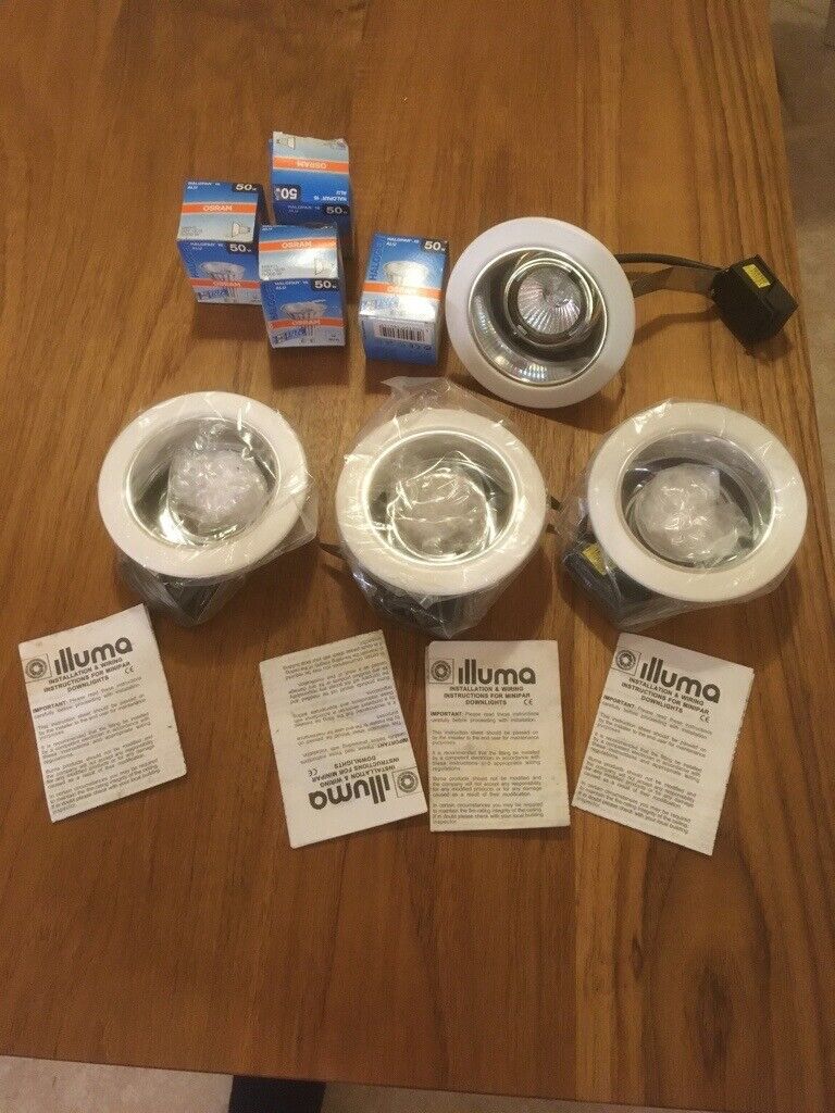 Four new unused ceiling recessed downlight light fittings with bulbs - GU10 LED compatible