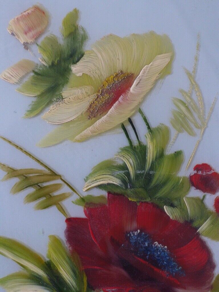Collectable framed artwork: Pair of VICTORIAN ANTIQUE FLORAL OIL PAINTINGS ON GLASS. Two for £95