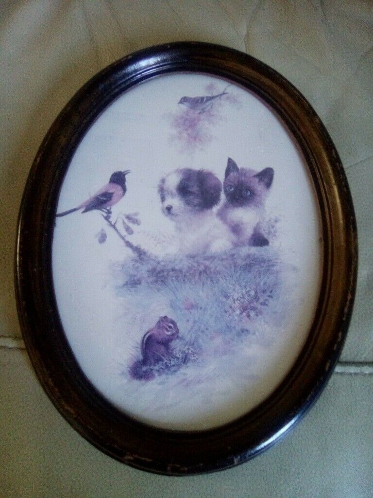 image for Picture of cute animals, 2 birds ,a puppy, a kitten and a Squirrel .Print is oval
