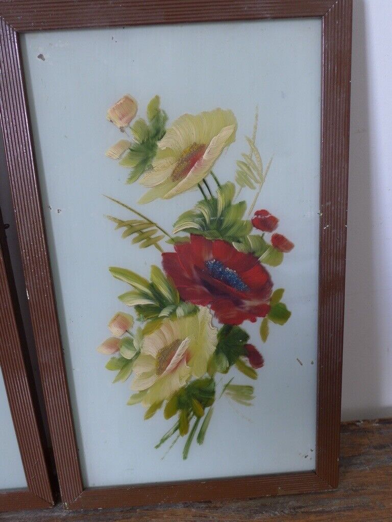 Collectable framed artwork: Pair of VICTORIAN ANTIQUE FLORAL OIL PAINTINGS ON GLASS. Two for £95