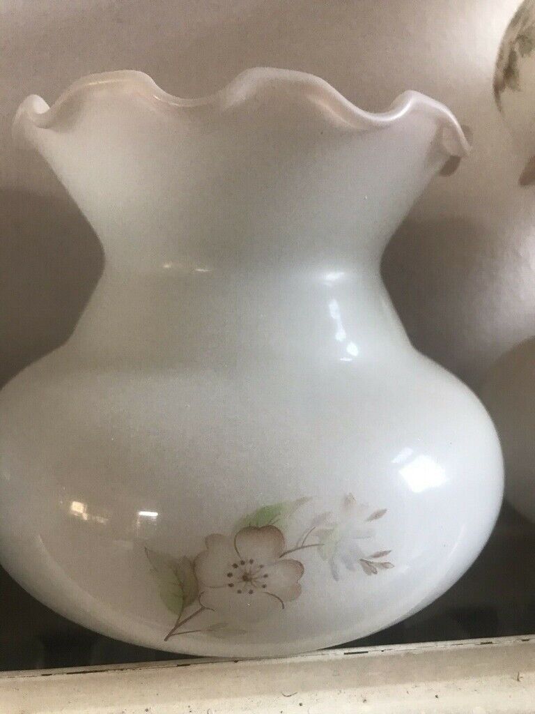 vintage milk white glass fluted Pink edge with floral flower design lamp shade £15 each 