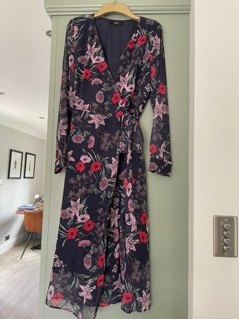image for New NEXT Navy Blue, Red & Pink Floral Sleeve Midi Tie Wrap Lined Dress