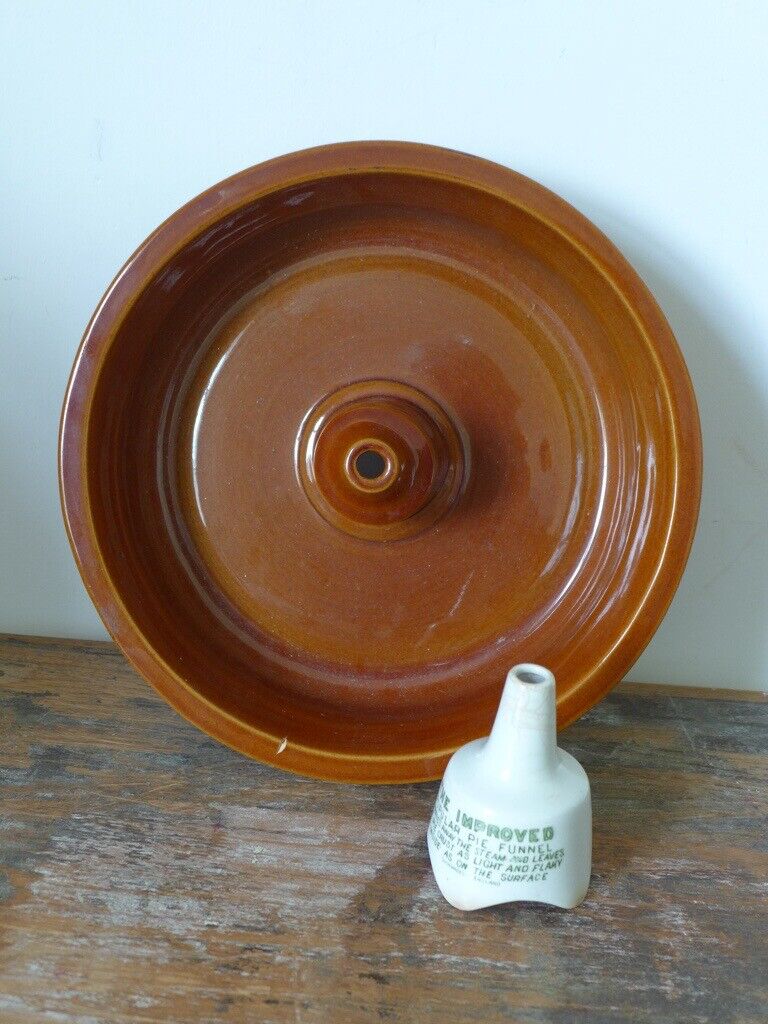 Grimwades THE IMPROVED POPULAR PIE FUNNEL + Needham Pottery PIE DISH with BUILD-IN FUNNEL