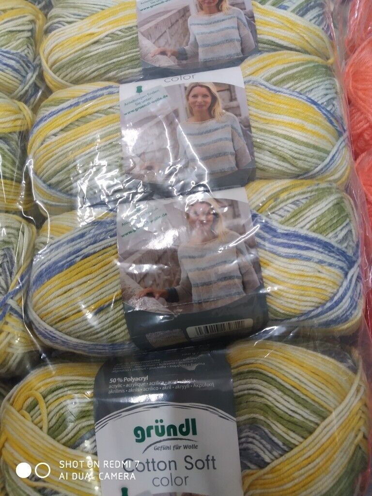GRUNDL COTTON SOFT COLOR DOUBLE KNITTING 50% COTTON MIX 5X100G RANDOM PRINT NEW
