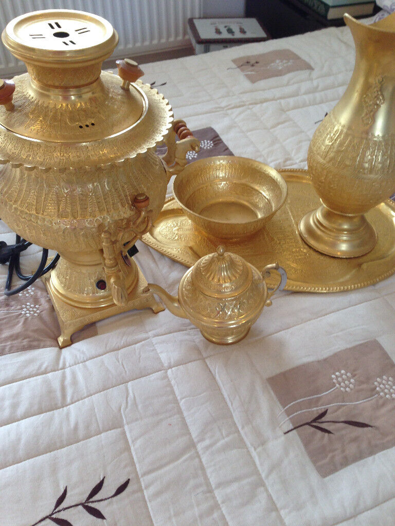 Set of 5 Piece Carved New Gold Plated Iranian Brass tray, jug, Bowl, Electric Samava and Tea Pot