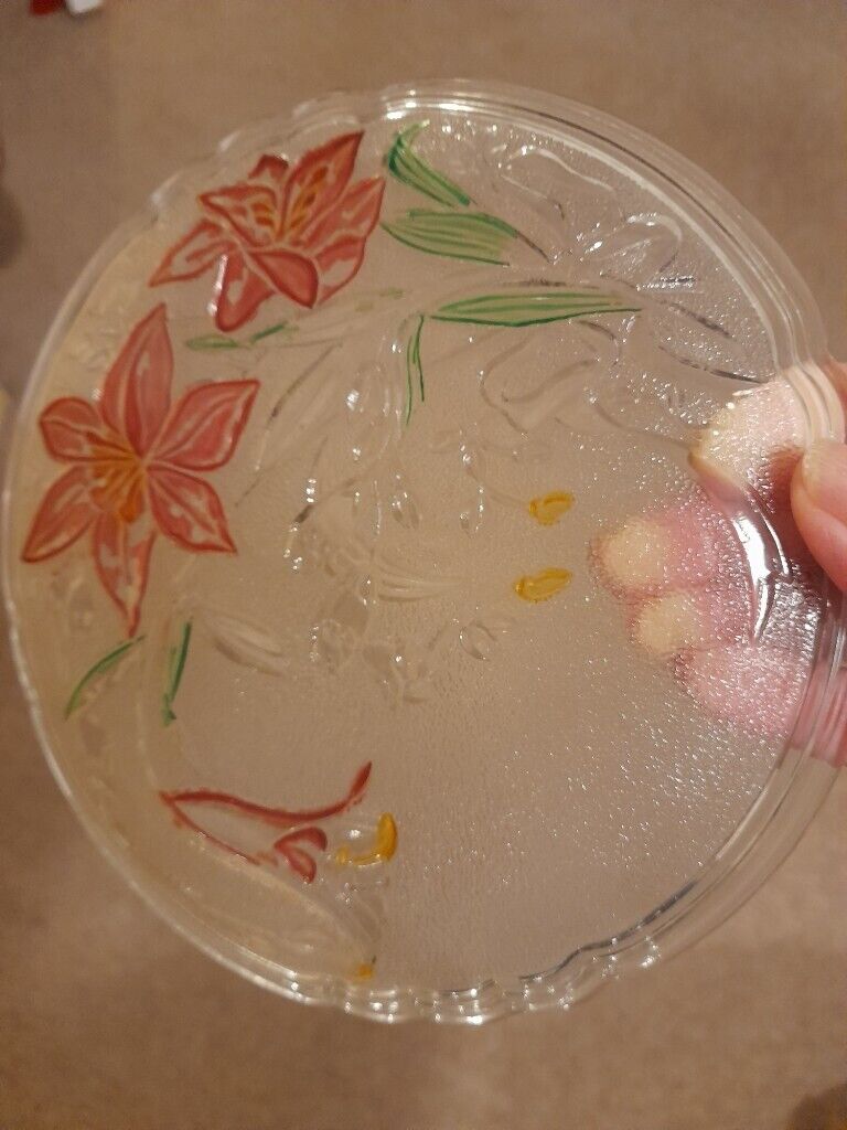 image for Pretty handcrafted and painted serving glass plate. New.