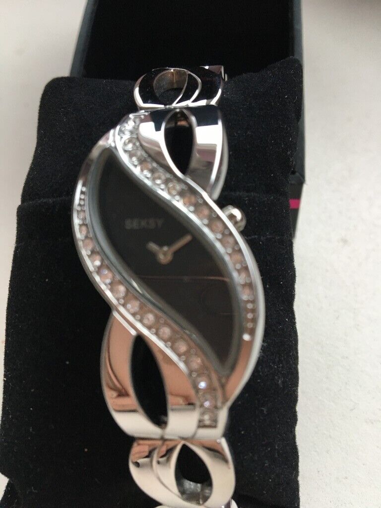 image for SEKSY Ladies' 4276 Black Swirl Dial Bracelet Watch, embellished with Swarovski crystals.  BRAND NEW