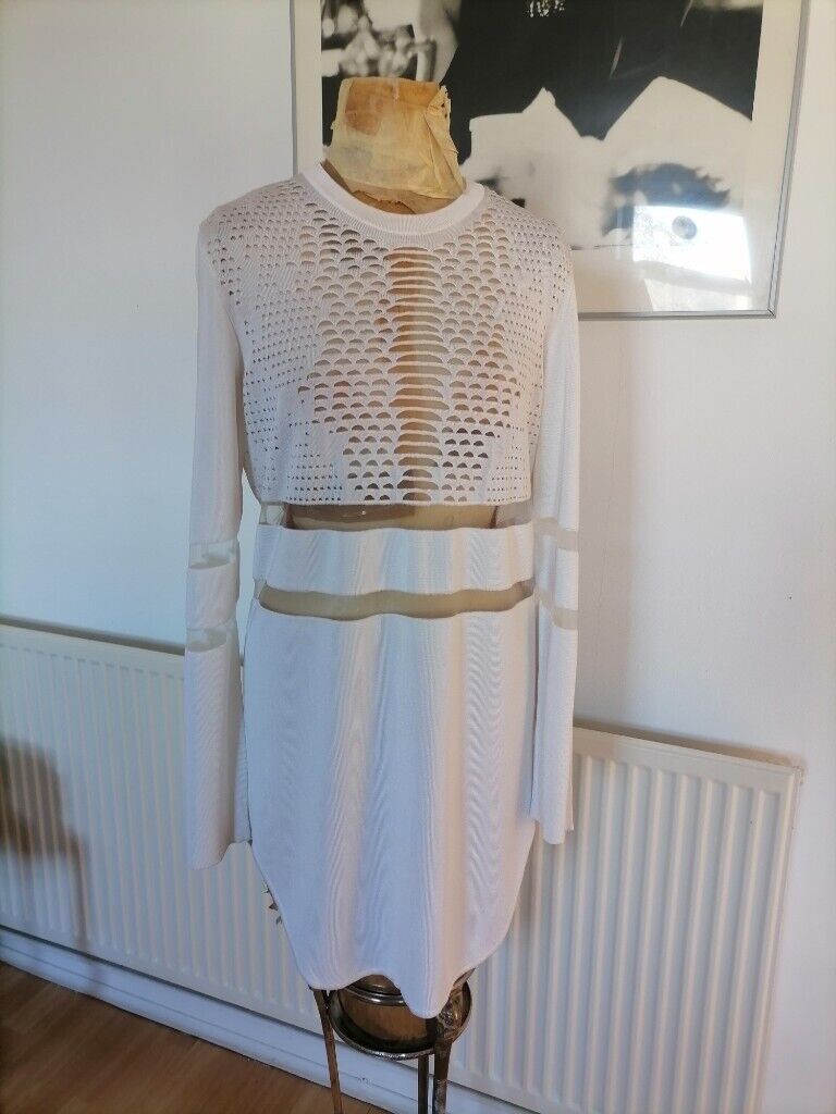 ALEXANDER WANG Limited Edition H&M Perforated / Mesh Mini Dress. Long Sleeve. White. Size : S 