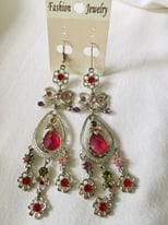Multicoloured silver long drop chandelier earrings