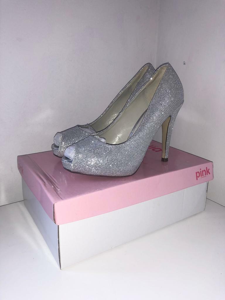 image for Pink Paradox Glamorous Silver Glitter Mesh Heels (Size 38/ UK 5)