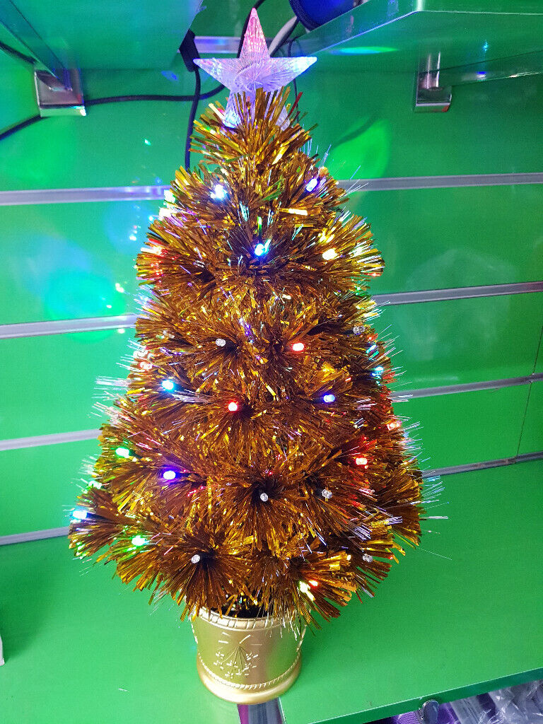 New Golden 2ft (60cm) Fibre Optic & Led Artificial Christmas Tree Xmas Decoration Flashing Star