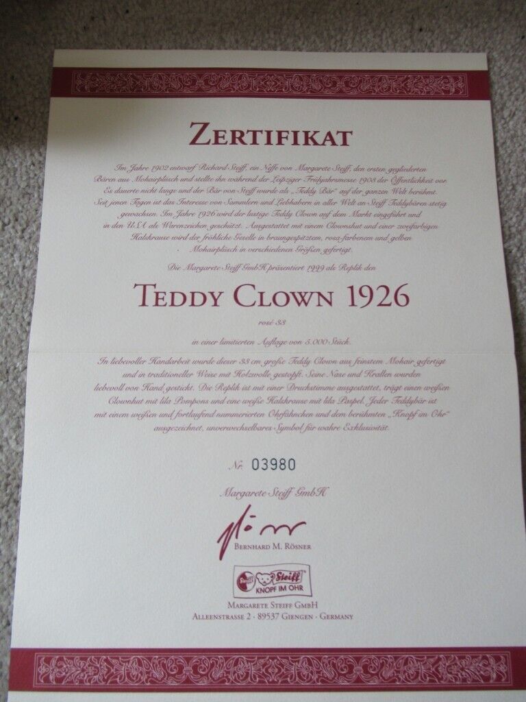 Steiff teddy clown 1926 replica - Limited Edition