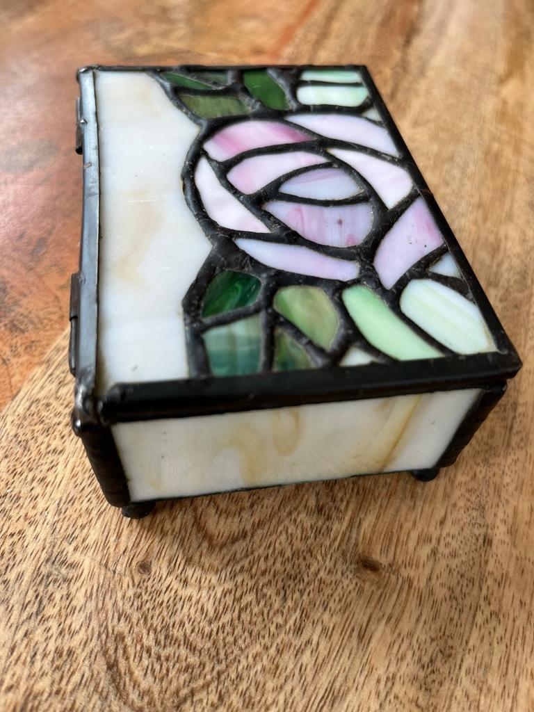 image for Vintage 80’sStained Glass Jewelry Box Pink Rose Handmade Box Trinket 