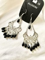 Allusions large drop chandelier earrings silver and black bead 