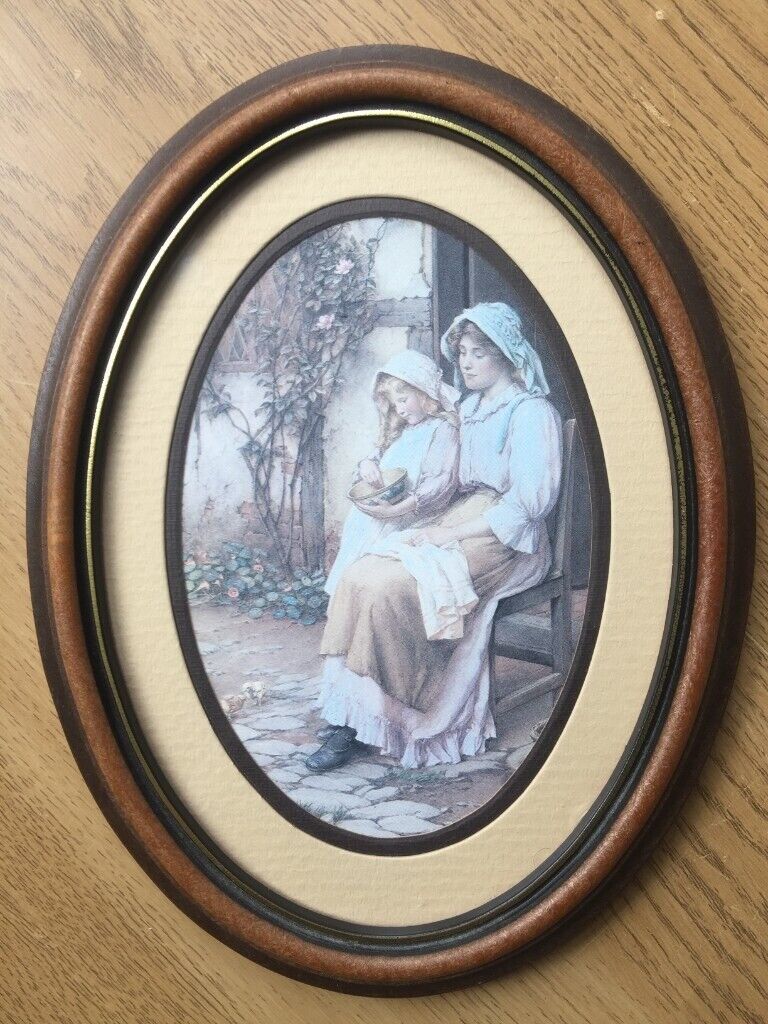 image for Vintage oval framed paining by Charles Edward Wilson. Sweeping the Christmas sThe Young Brood.