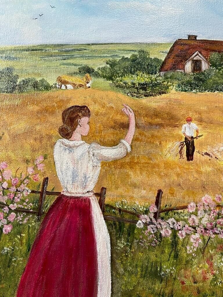 Original acrylic painting on canvas, harvest scene, professionally framed & signed by artist